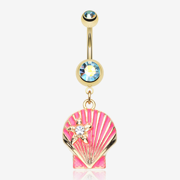 Ariel's Shell Dangle Belly Button Ring-Aqua/Aurora Borealis