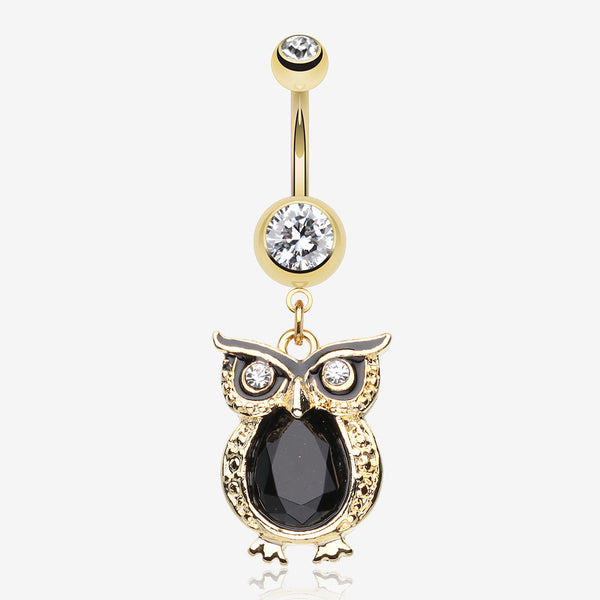 Golden Dusk Owl Belly Button Ring-Clear Gem/Black