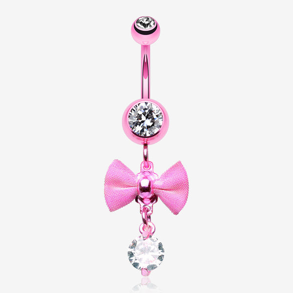 Pink Dainty Bow-Tie Belly Button Ring-Pink/Clear