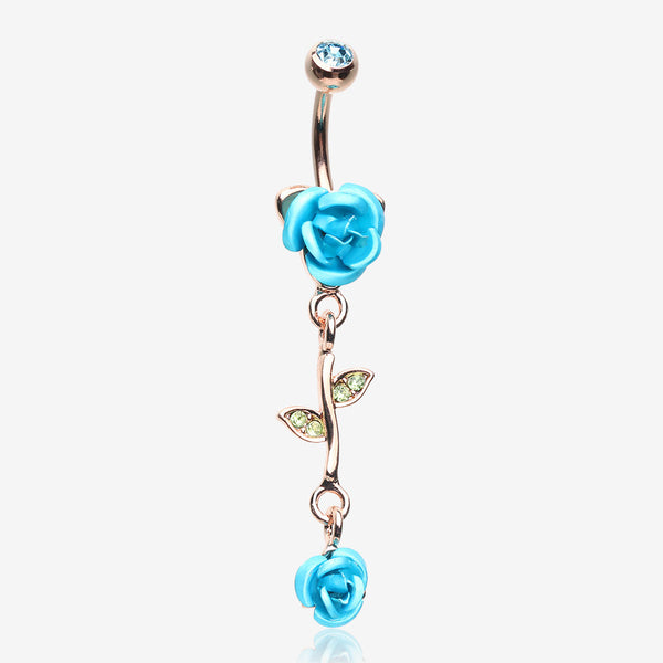 Rose Gold Bright Metal Rose Belly Button Ring-Aqua