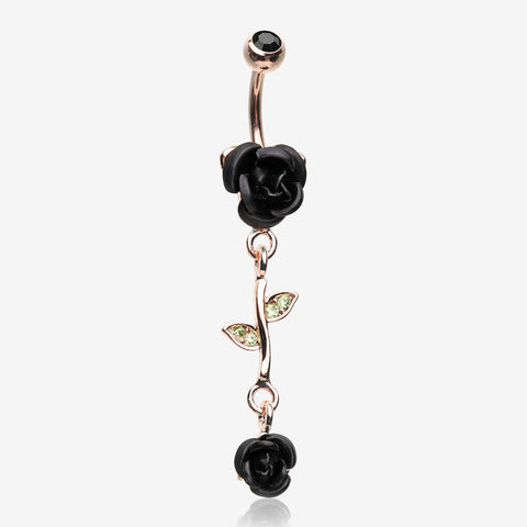 Rose Gold Bright Metal Rose Belly Button Ring-Black