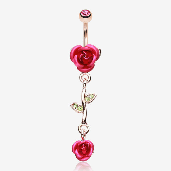 Rose Gold Bright Metal Rose Belly Button Ring-Fuchsia