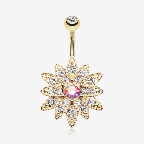 Golden Chrysanthemum Flower Belly Button Ring-Clear Gem