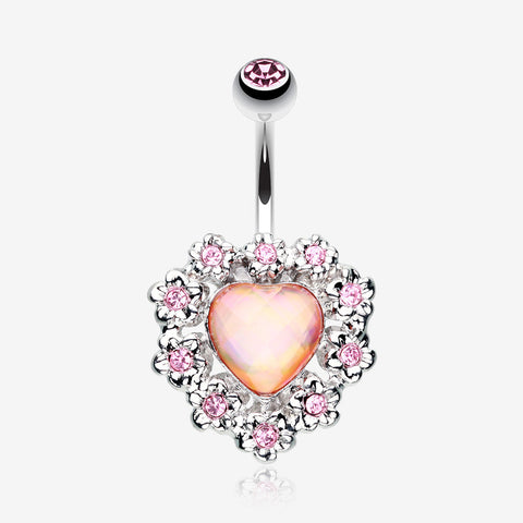 Sparkle Heart Flower Belly Button Ring-Pink