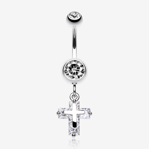 Dainty Cross Sparkle Belly Button Ring-Clear Gem