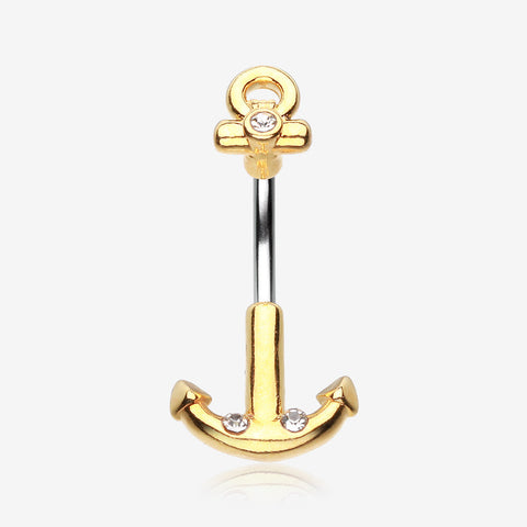 Golden Classic Anchor Dock Belly Button Ring-Clear Gem