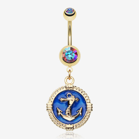 Golden Marine Anchor Rivet Belly Button Ring-Aurora Borealis