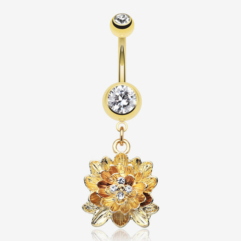 Golden Divine Lotus Belly Button Ring -Clear Gem