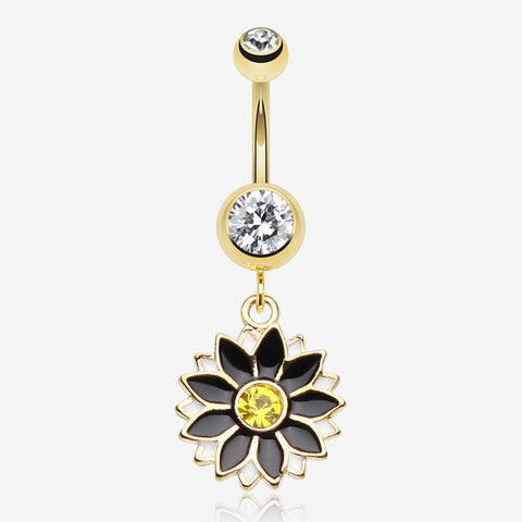 Golden Daisy Blossom Flower Belly Button Ring-Clear Gem/Black