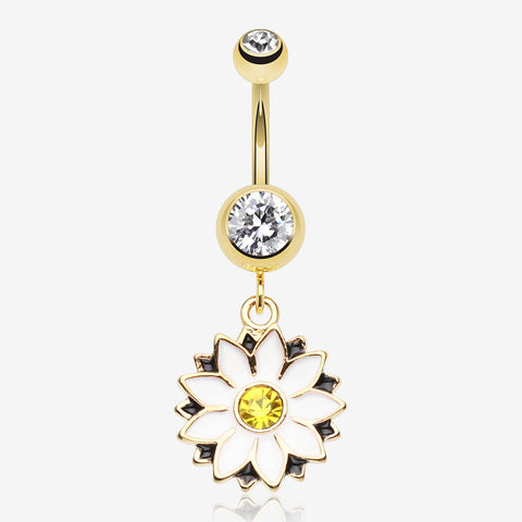 Golden Daisy Blossom Flower Belly Button Ring-Clear Gem/White