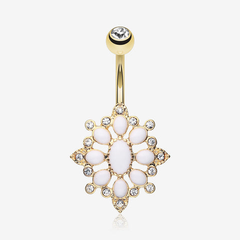 Golden Roesia Ornate Multi-Gem Belly Button Ring-Clear Gem/White