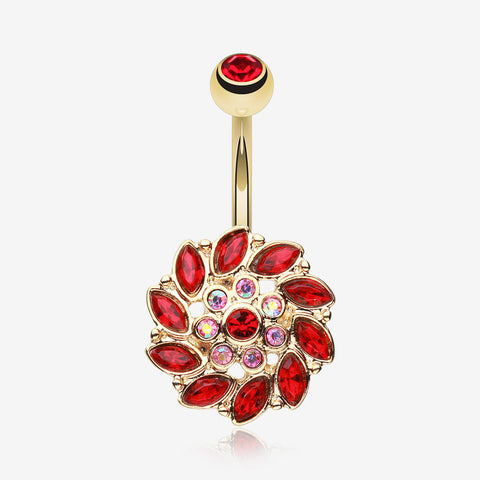 Golden Bera Sun Multi-Gem Belly Button Ring-Red/Pink/Aurora Borealis