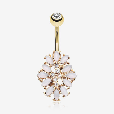 Golden Gilia Delight Flower Belly Button Ring-Clear Gem/White