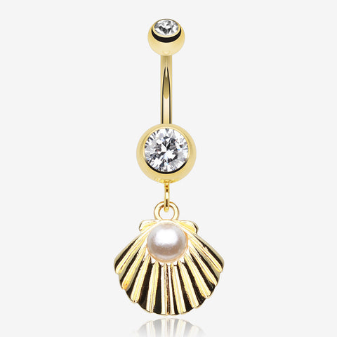 Golden Ariel's Shell Dangle Belly Button Ring-Clear Gem