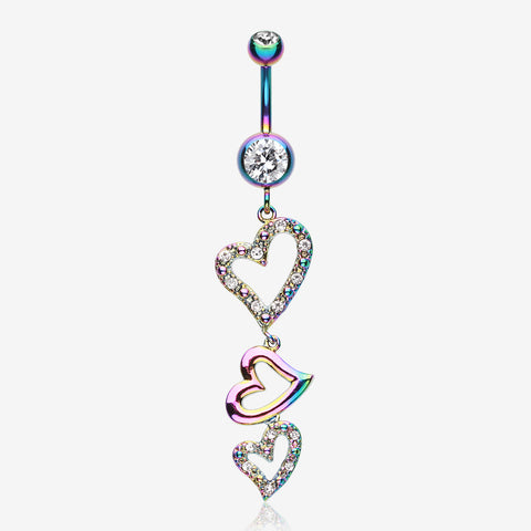 Colorline Triple Hearts Sparkle Belly Button Ring-Rainbow/Clear