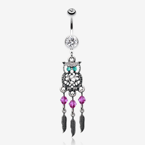 Guardian Owl Dreamcatcher Belly Button Ring-Clear Gem