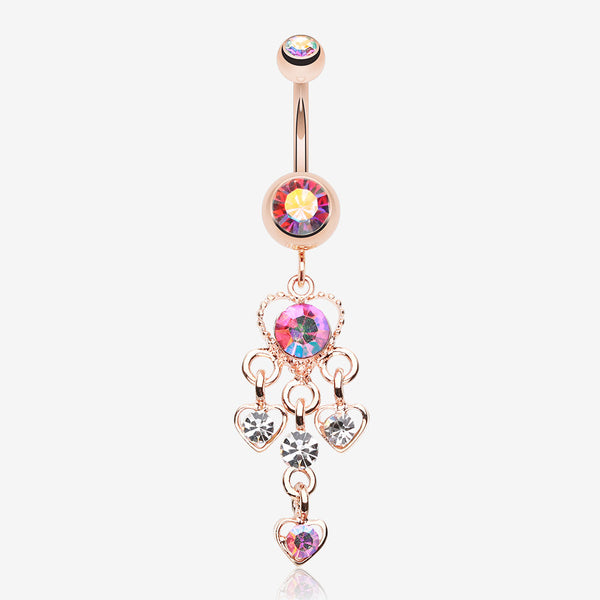 Rose Gold Sparkle Multi Heart Belly Button Ring-Pink/Aurora Borealis