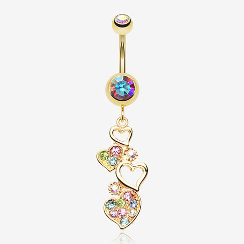 Golden Sparkling Heart Cluster Belly Button Ring-Aurora Borealis