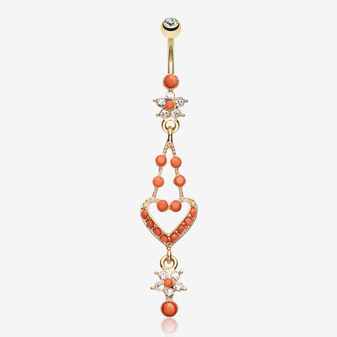 Golden Coral Flora Heart Belly Button Ring-Clear Gem