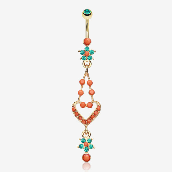 Golden Coral Flora Heart Belly Button Ring-Teal