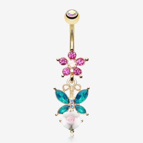 Golden Butterfly Flower Sparkle Belly Button Ring-Aurora Borealis