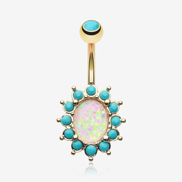 Golden Elegant Opal Turquoise Belly Button Ring-Turquoise/White