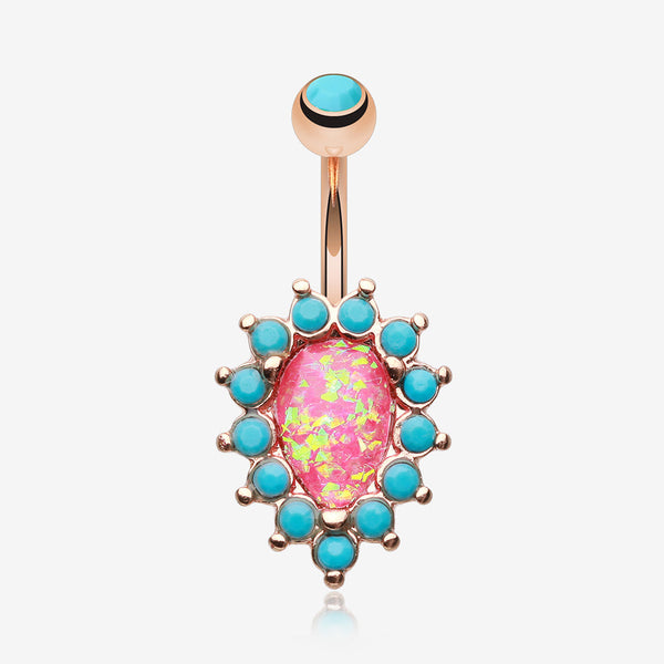 Rose Gold Opulent Opal Turquoise Belly Button Ring-Turquoise/Pink