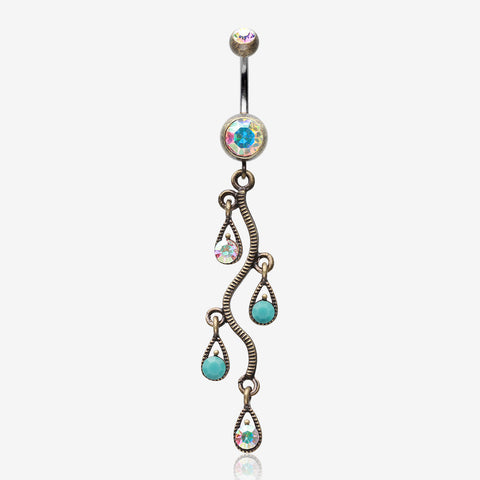 Vintage Boho Vine Swirl Belly Button Ring-Brass/Aurora Borealis/Turquoise