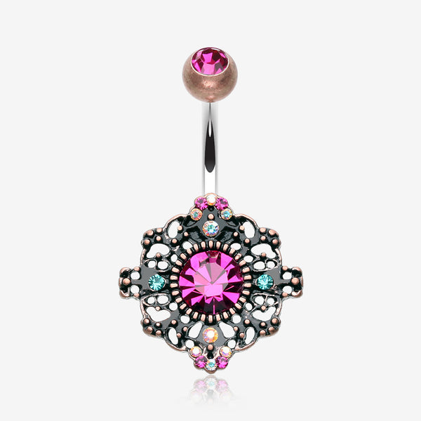 Vintage Boho Filigree Flower Belly Button Ring-Copper/Fuchsia/Aurora Borealis