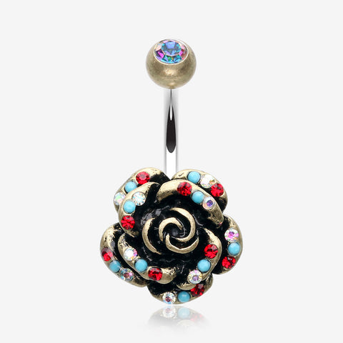 Vintage Boho Gleam Rose Belly Button Ring-Brass/Aurora Borealis/Red