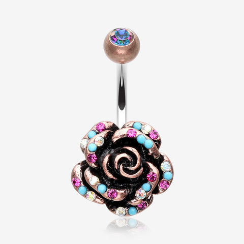 Vintage Boho Gleam Rose Belly Button Ring-Copper/Aurora Borealis/Fuchsia