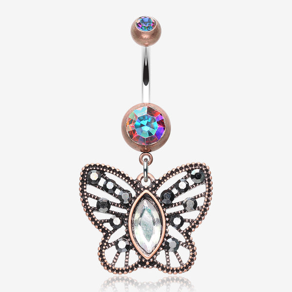 Vintage Boho Butterfly Fliligree Belly Button Ring-Copper/Aurora Borealis/Hematite