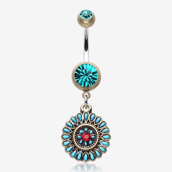 Vintage Boho Sahasrara Chakra Belly Button Ring-Brass/Teal/Red