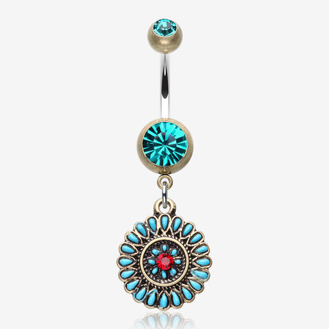 Vintage Boho Sahasrara Chakra Belly Button Ring-Brass/Teal/Red