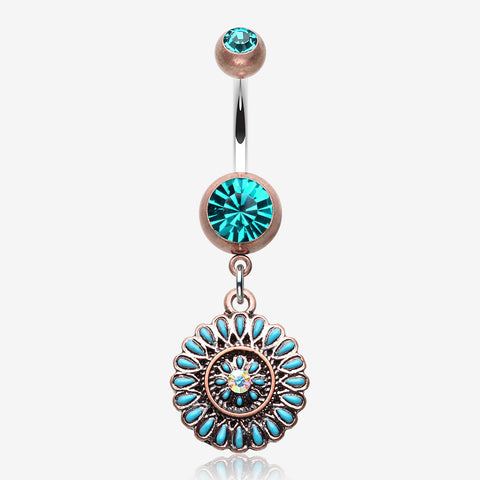 Vintage Boho Sahasrara Chakra Belly Button Ring-Copper/Teal/Aurora Borealis