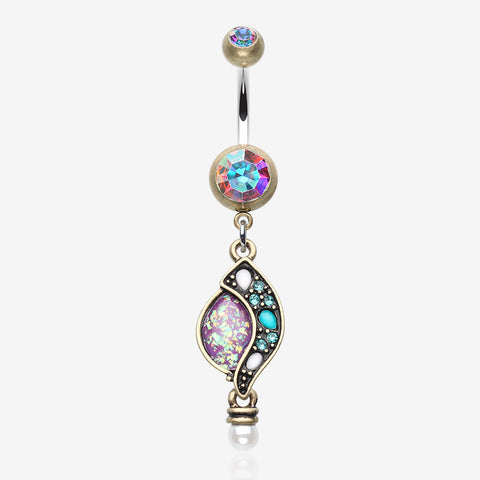 Vintage Boho Opal Sparkle Journey Belly Button Ring-Brass/Aurora Borealis/Purple