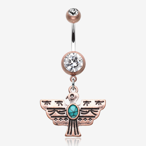 Vintage Boho Aztec Thunderbird Mural Belly Button Ring-Copper/Clear/Turquoise