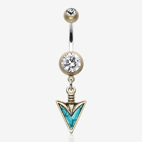 Vintage Boho Stone Spear Belly Button Ring-Brass/Clear/Turquoise