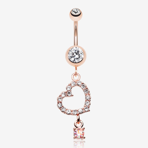 Rose Gold Shimmering Heart Gem Belly Button Ring-Clear Gem