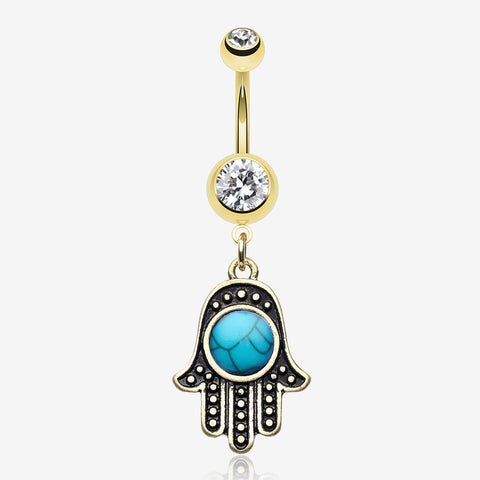 Golden Vintage Turquoise Hamsa Belly Button Ring-Clear Gem