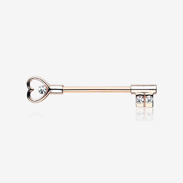 A Pair of Rose Gold Heart Key Nipple Barbell Ring-Clear Gem