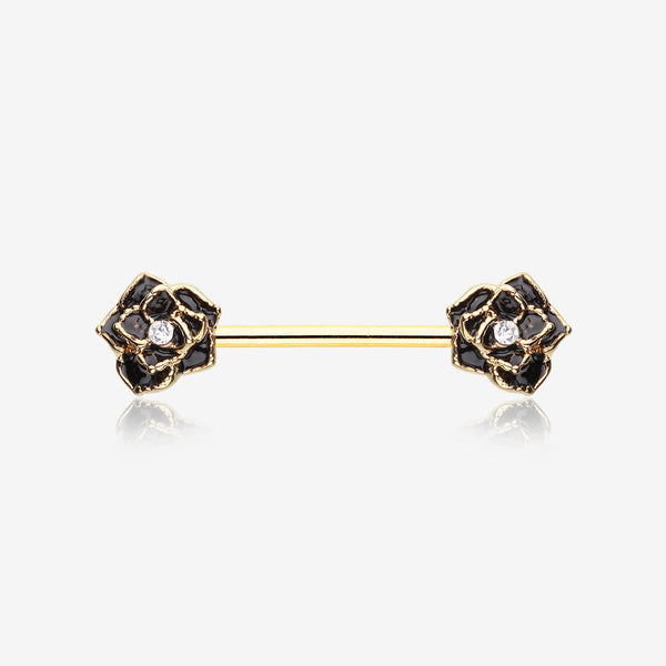 A Pair of Golden Rose Sparkle Nipple Barbell Ring-Black/Clear