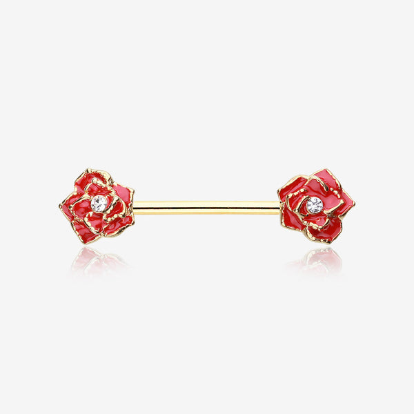 A Pair of Golden Rose Sparkle Nipple Barbell Ring-Red/Clear