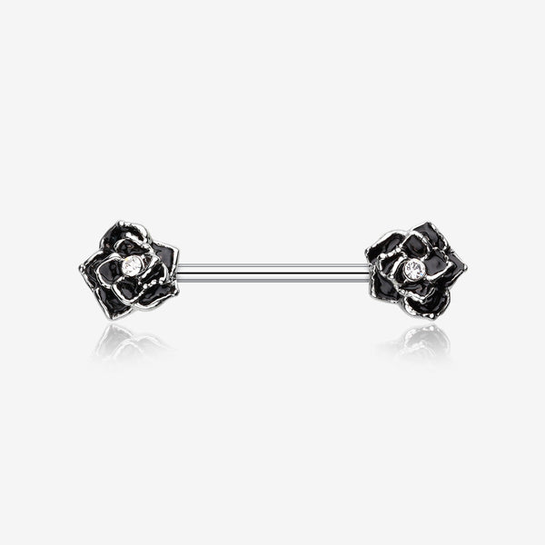 A Pair of Classic Rose Sparkle Nipple Barbell Ring-Black/Clear