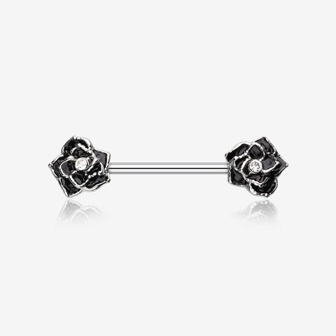 A Pair of Classic Rose Sparkle Nipple Barbell Ring-Black/Clear