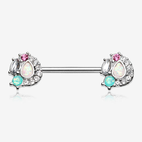 A Pair of Sparkle Opal Medley Nipple Barbell Ring-Clear Gem/Teal