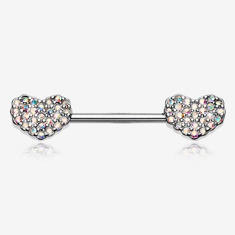 A Pair of Sparkle Multi-Gem Heart Nipple Barbell Ring-Aurora Borealis