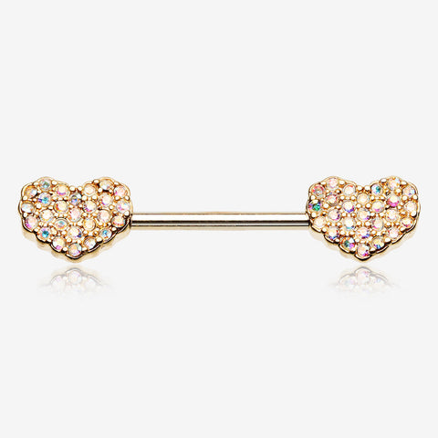 A Pair of Golden Sparkle Multi-Gem Heart Nipple Barbell Ring-Aurora Borealis