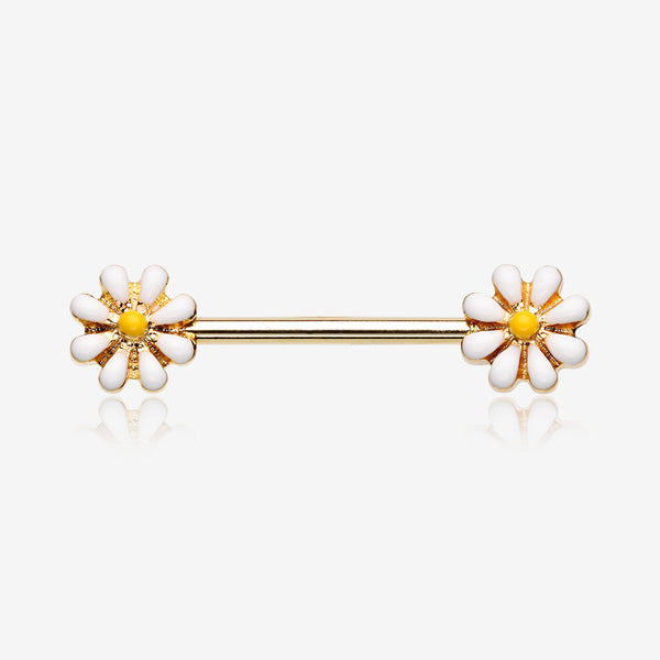 A Pair of Golden Spring Blossom Flower Nipple Barbell Ring-White/Yellow