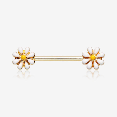 A Pair of Golden Spring Blossom Flower Nipple Barbell Ring-White/Yellow